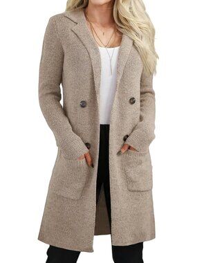 Women's Apricot Long Knit Cardigan Open Front Coatigan Pockets Lapel Jacket